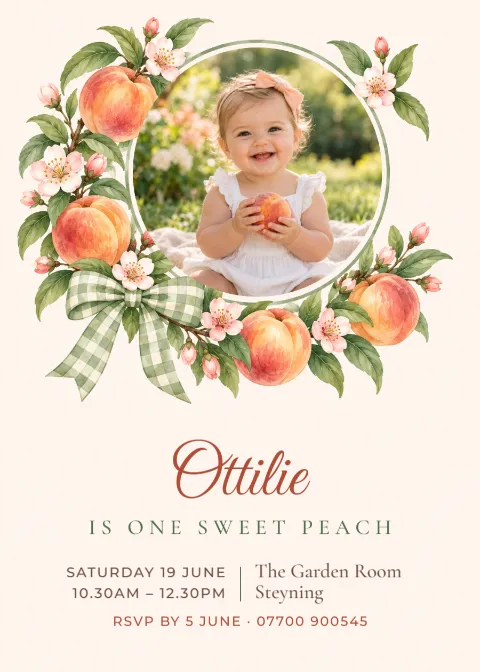 One Sweet Peach – photo first birthday invitation: printable design preview