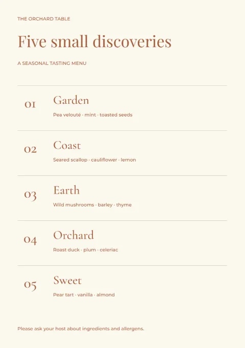 Five small discoveries – tasting menu: printable design preview