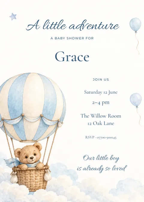 A little bear takes flight – baby shower: printable design preview