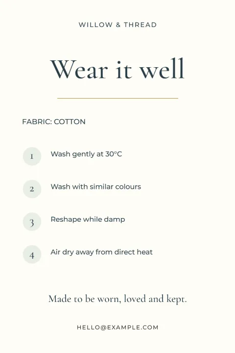 Wear it well – garment care card: printable design preview