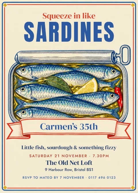 Sardine tin 35th – birthday supper invitation: printable design preview