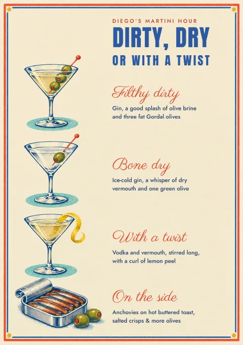 Dirty, dry or with a twist – martini menu: printable design preview
