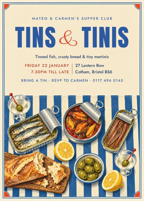 Tins & tinis – supper club invitation: printable design preview