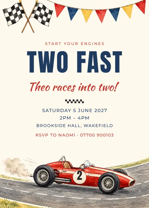 Two fast – race car second birthday invitation: printable design preview