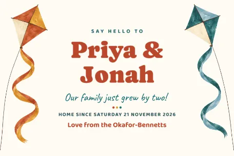 Two kites – siblings adoption announcement postcard: printable design preview