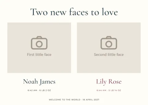 Two new faces – twin birth announcement: printable design preview