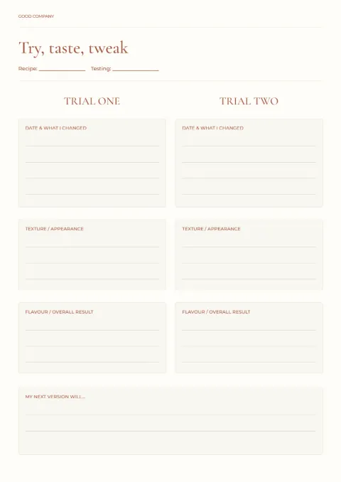 Try, taste, tweak – recipe trial comparison: printable design preview