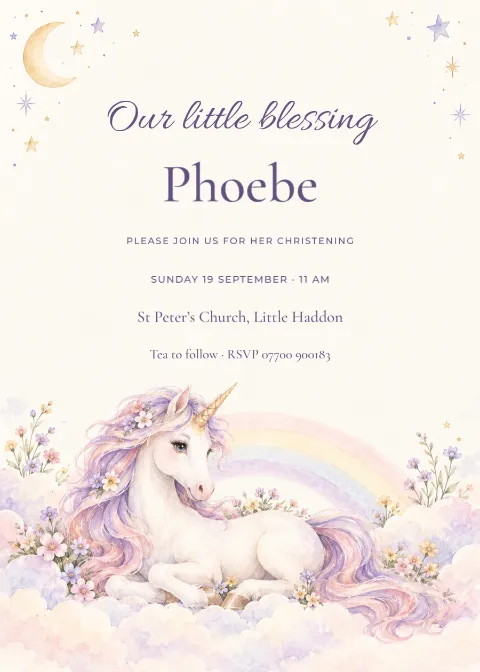 Our little blessing – unicorn christening: printable design preview
