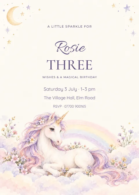 Three wishes – unicorn birthday: printable design preview