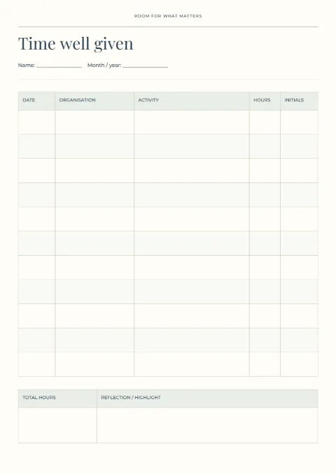 Time well given – volunteer hours: printable design preview