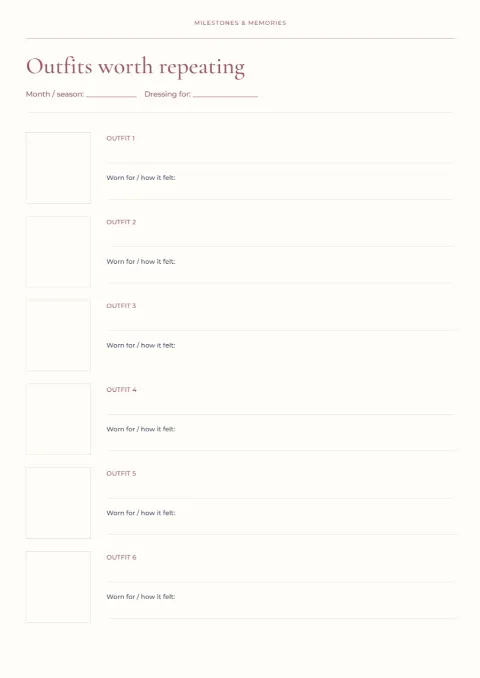 Outfits worth repeating – wardrobe tracker: printable design preview