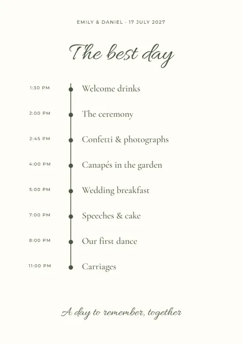 The best day – wedding timeline: printable design preview