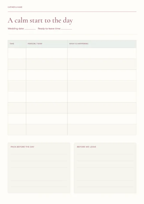 A calm start to the day – wedding morning plan: printable design preview