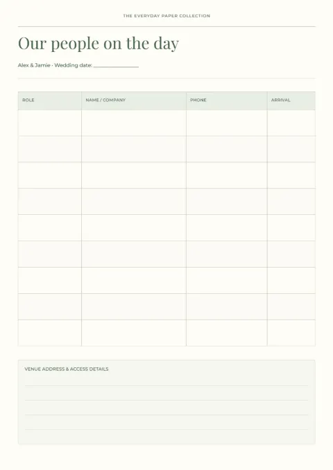 Our people on the day – supplier contacts: printable design preview