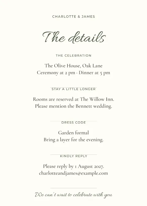 The wedding weekend – details card: printable design preview