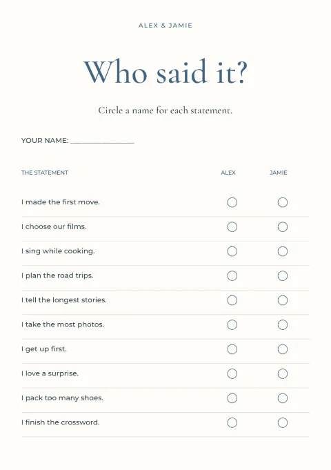 Who said it? – wedding shower game: printable design preview