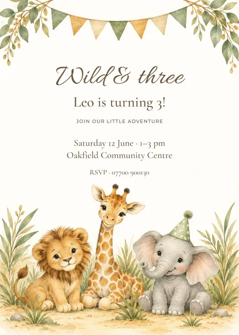 Wild & three – safari birthday: printable design preview