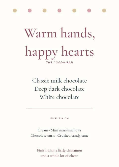 Warm hands, happy hearts – cocoa bar: printable design preview