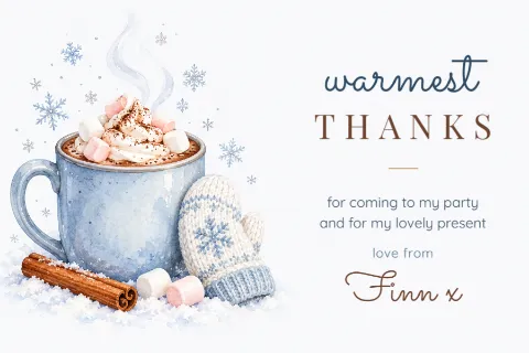 Warmest thanks – hot cocoa birthday thank-you card: printable design preview