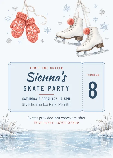 Rink pass – ice-skating eighth birthday invitation: printable design preview