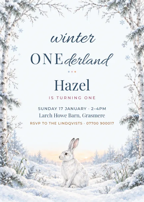 Winter ONEderland – hare first birthday invitation: printable design preview