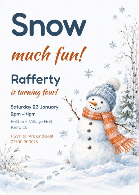 Snow much fun – snowman fourth birthday invitation: printable design preview
