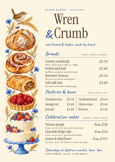 Wren & Crumb – bakery menu and price list: printable design preview