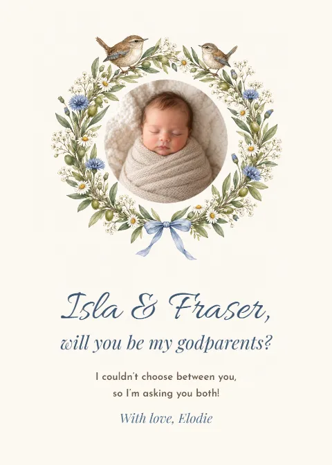 Wren wreath – godparents photo proposal card: printable design preview