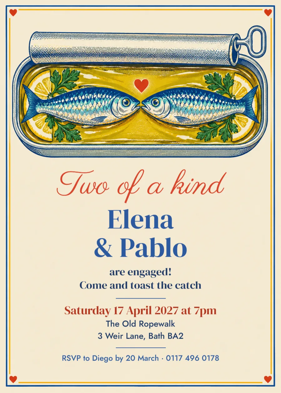 Two of a kind – sardine engagement invitation: printable design preview