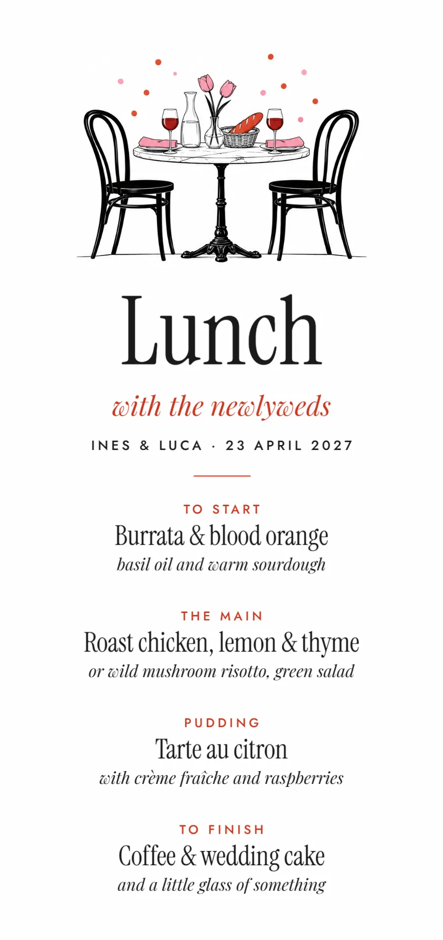 Town hall wedding – wedding lunch menu: printable design preview