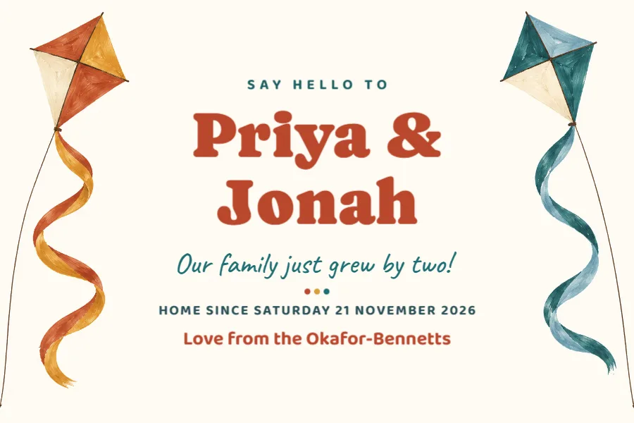 Two kites – siblings adoption announcement postcard: printable design preview
