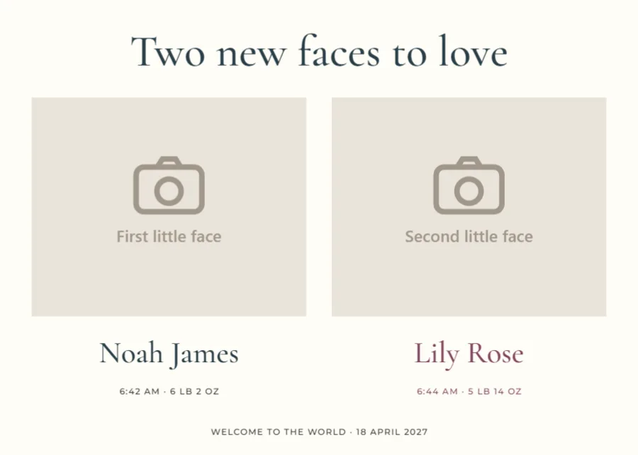 Two new faces – twin birth announcement: printable design preview