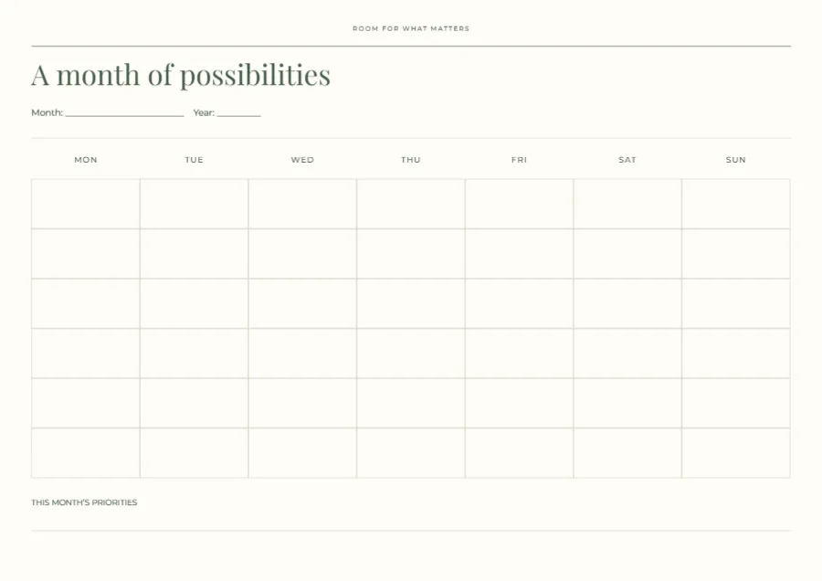 A month of possibilities – undated calendar: printable design preview