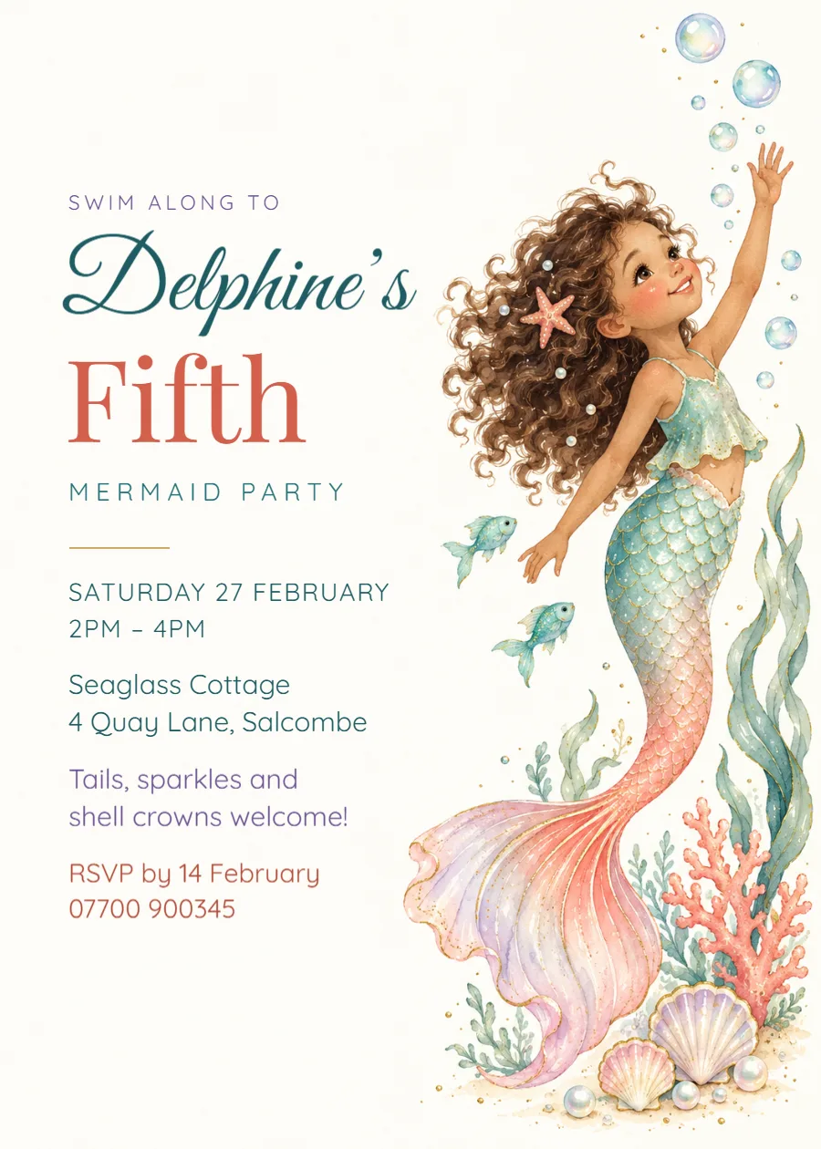 Under the sea – mermaid fifth birthday invitation: printable design preview