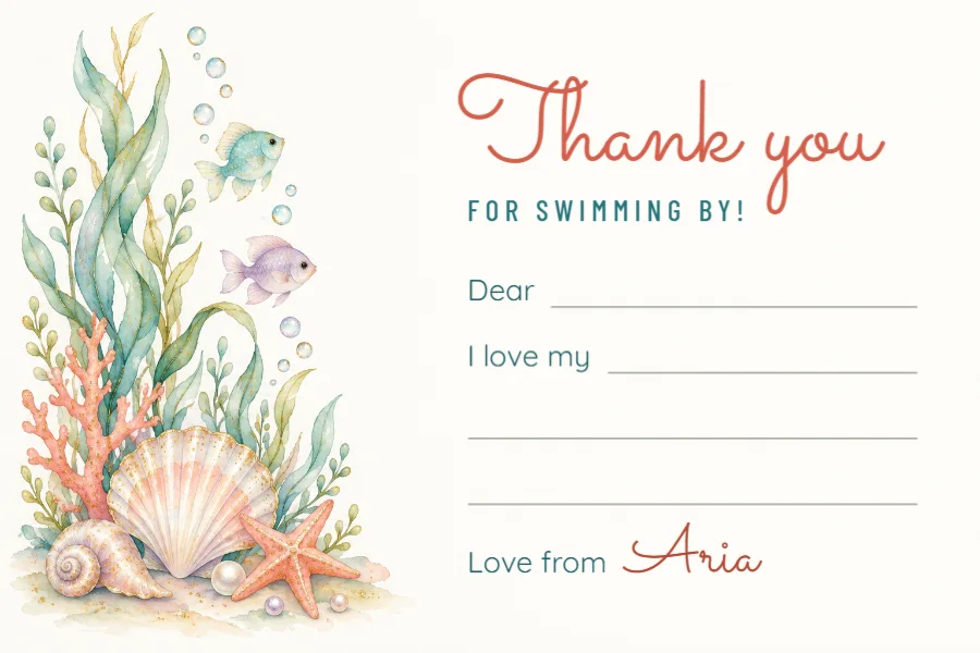 Under the sea – children’s party thank-you note: printable design preview