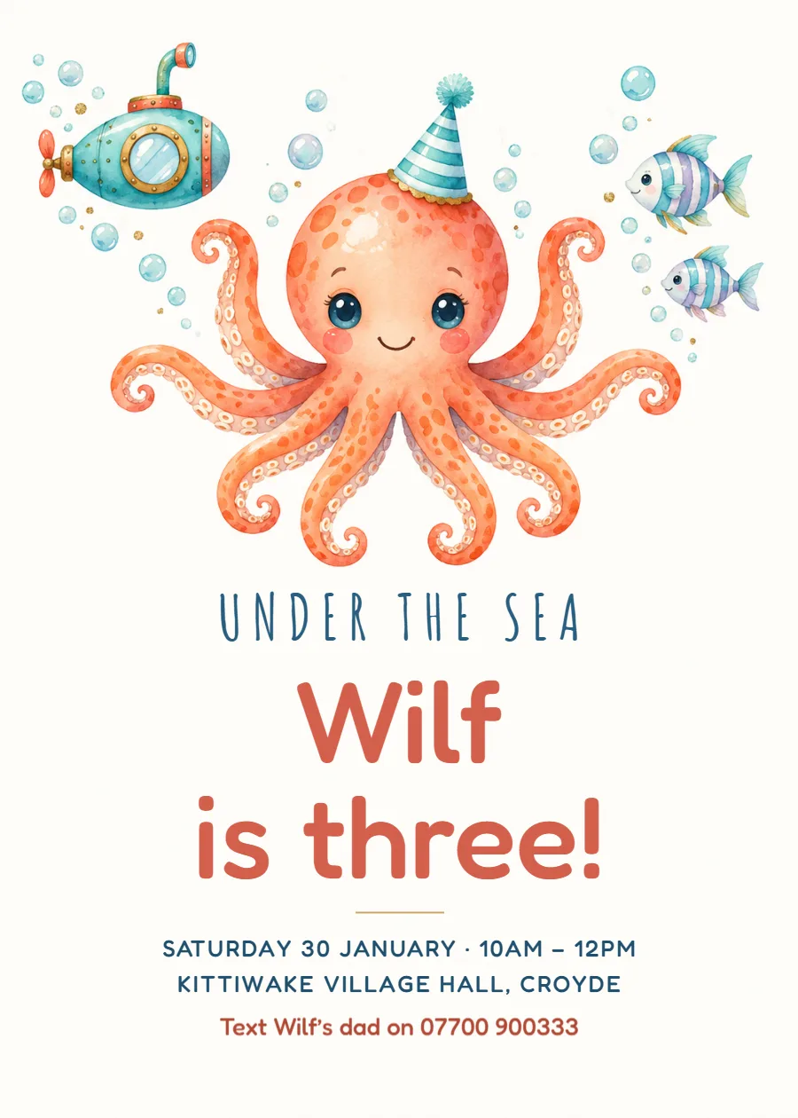 Under the sea – octopus third birthday invitation: printable design preview