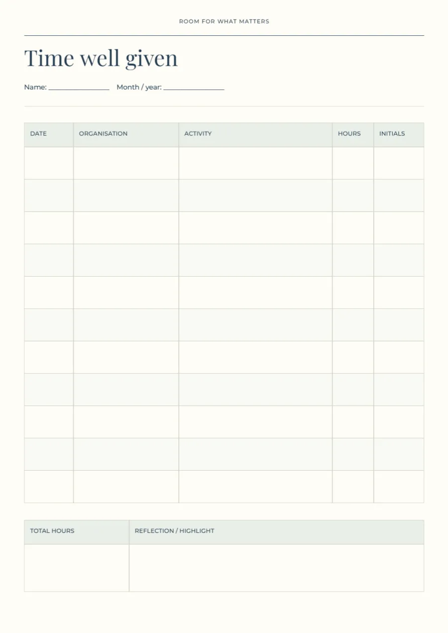 Time well given – volunteer hours: printable design preview