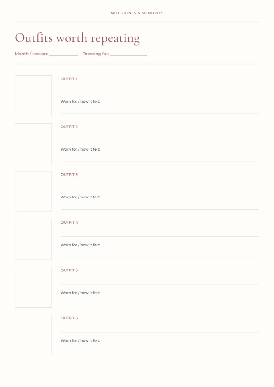 Outfits worth repeating – wardrobe tracker: printable design preview