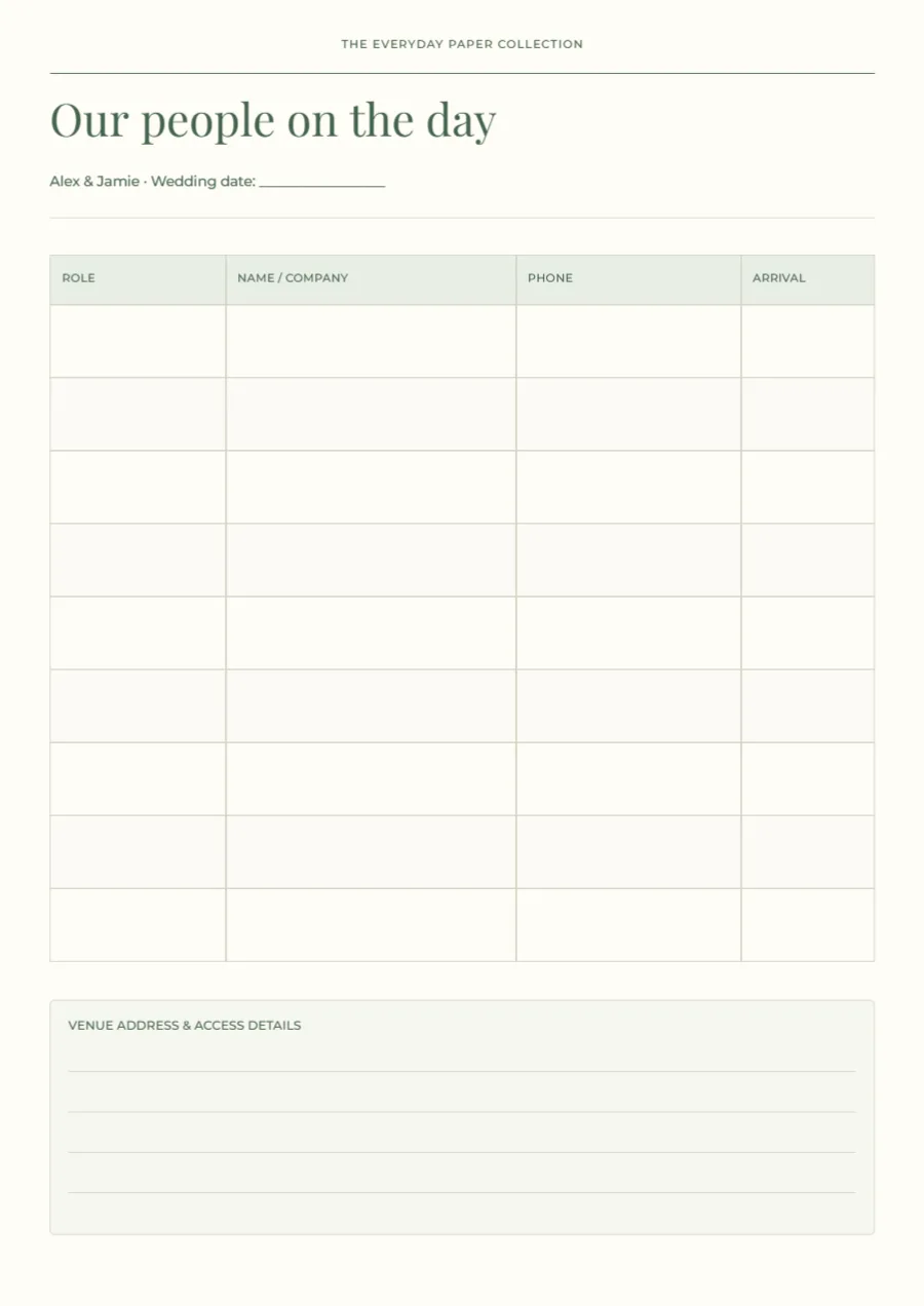 Our people on the day – supplier contacts: printable design preview