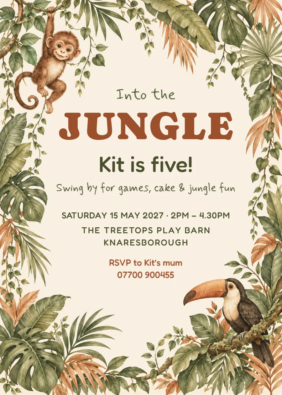 Wild safari – jungle party fifth birthday invitation: printable design preview