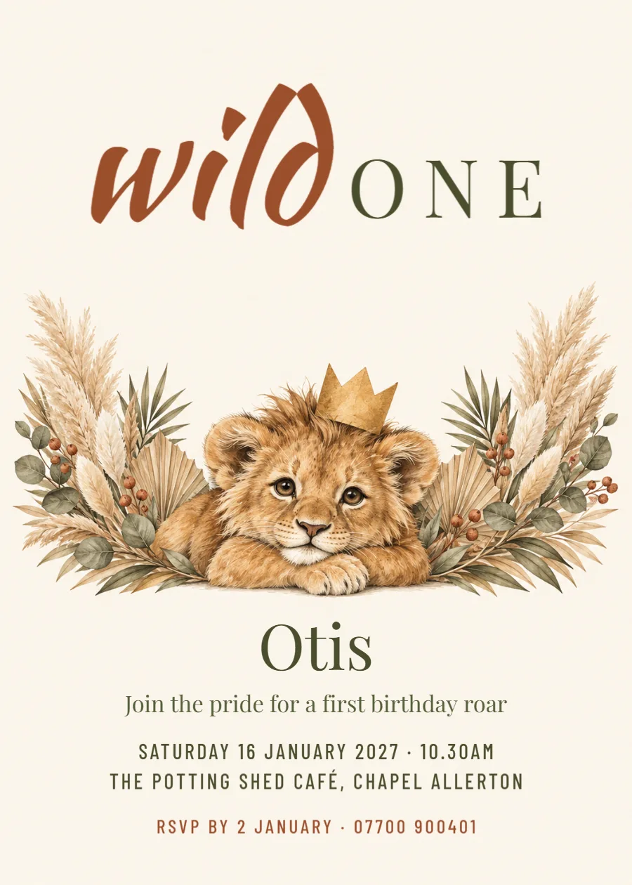 Wild safari – Wild One first birthday invitation: printable design preview