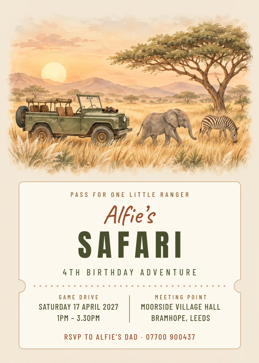 Wild safari – adventure fourth birthday invitation: printable design preview