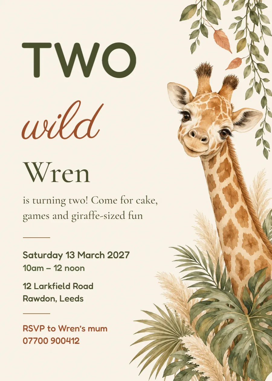 Wild safari – Two Wild second birthday invitation: printable design preview
