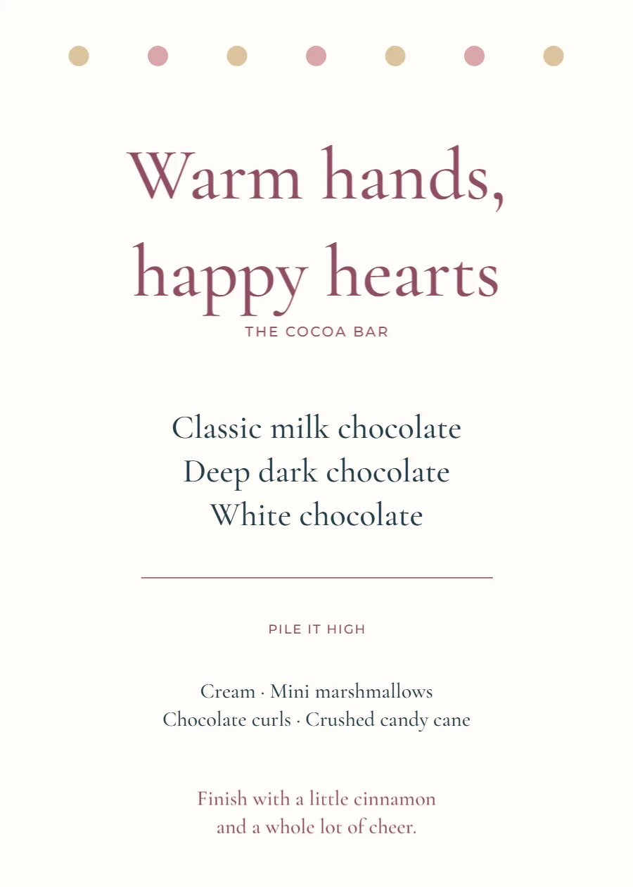 Warm hands, happy hearts – cocoa bar: printable design preview