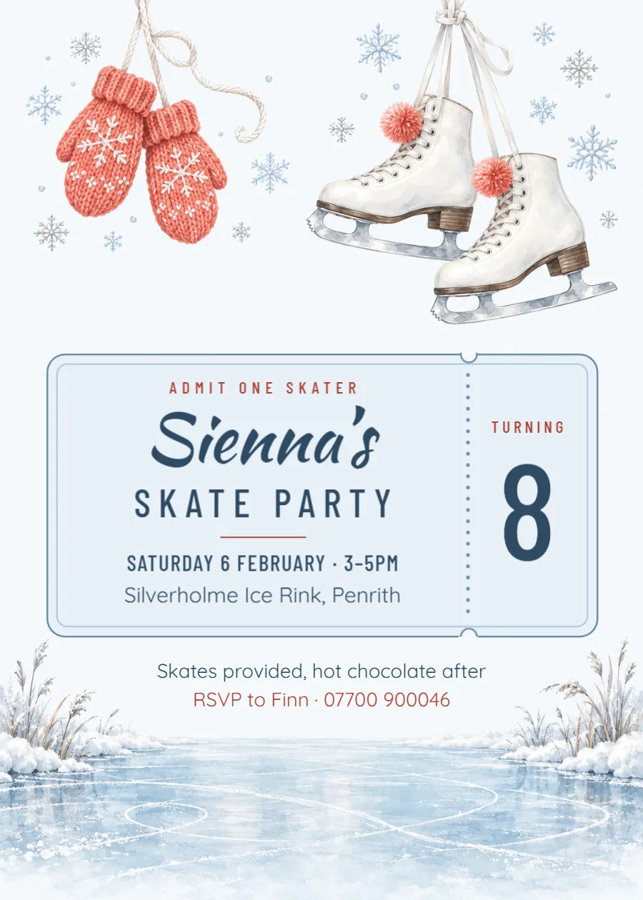 Rink pass – ice-skating eighth birthday invitation: printable design preview