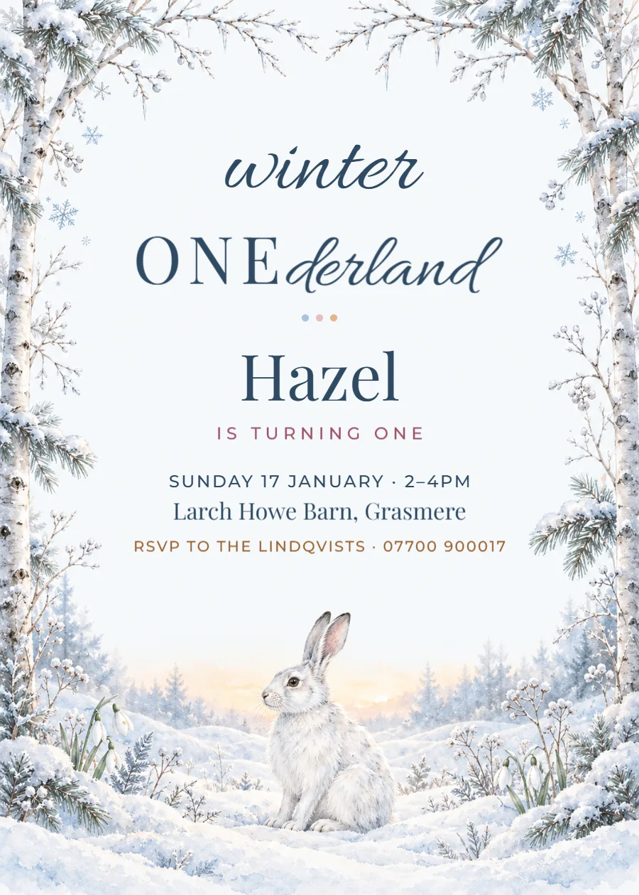 Winter ONEderland – hare first birthday invitation: printable design preview