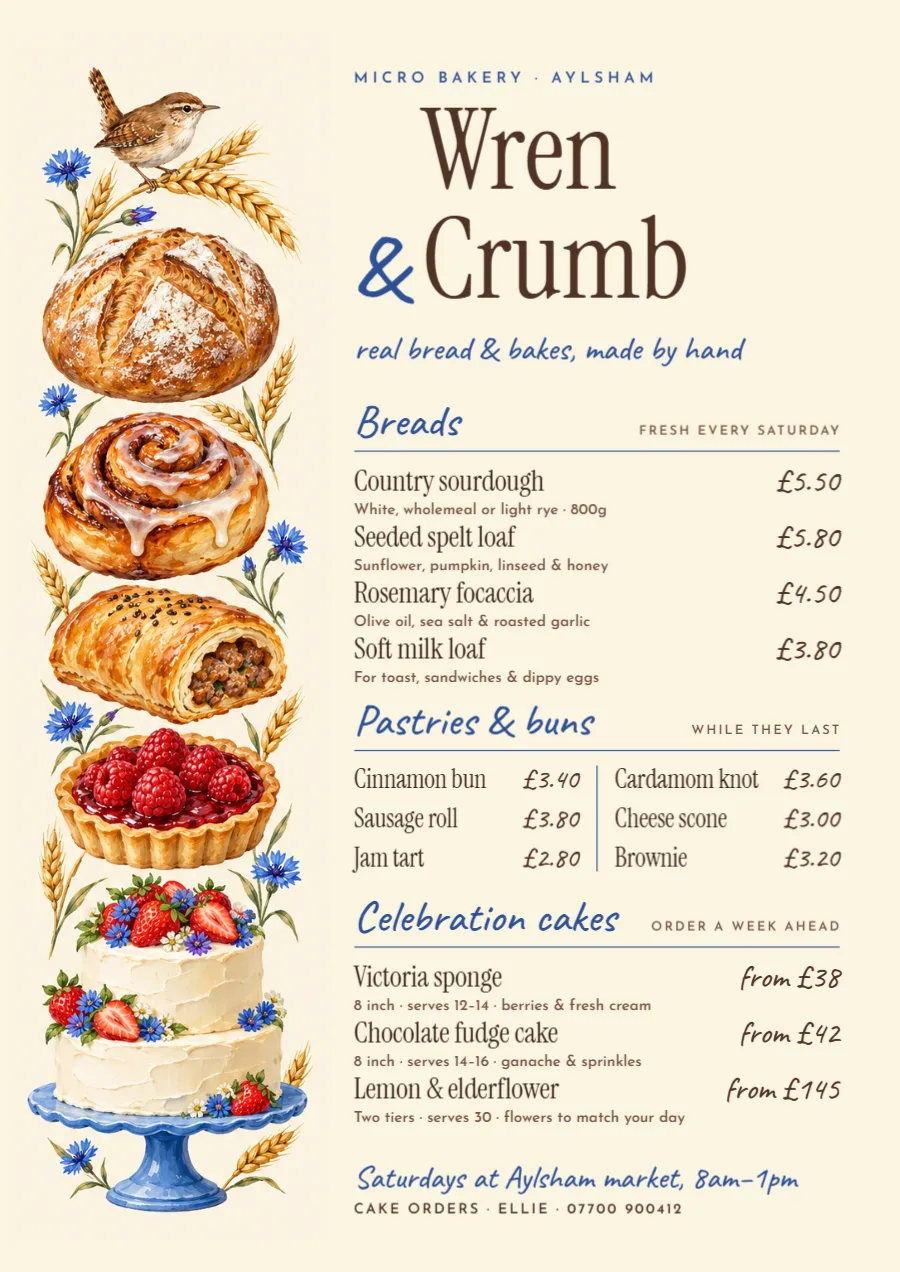 Wren & Crumb – bakery menu and price list: printable design preview